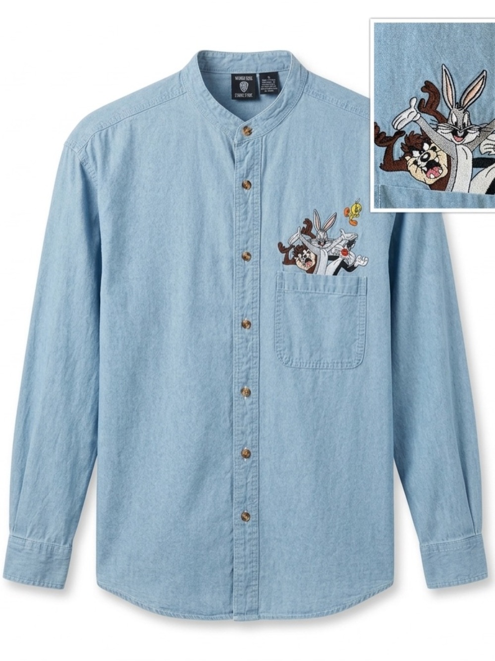Warner Bros. Light Blue Denim Button Shirt with Bugs Looney Tunes Embroidery